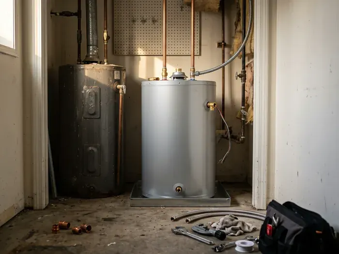 A water heater closet with the old unit out and the new one being set, connections ready, no people