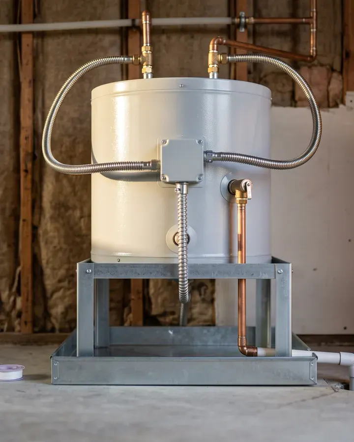 A new tank water heater on a stand with new connections
