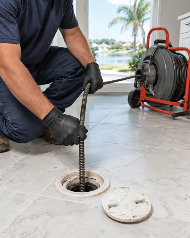 A clean round floor drain set in a tile floor