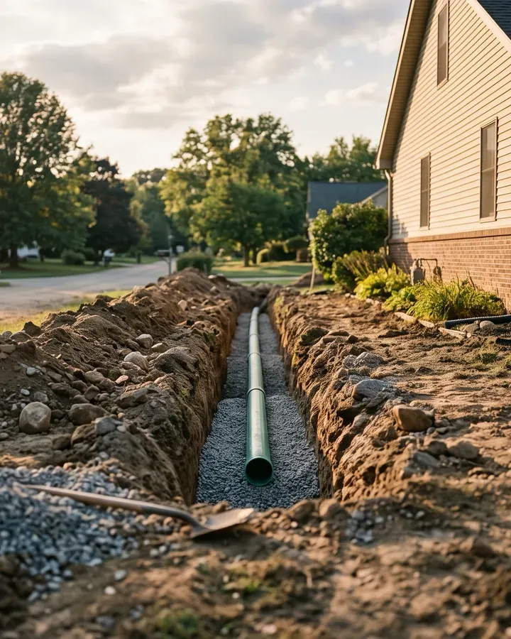 A trench with new sewer pipe laid to the street